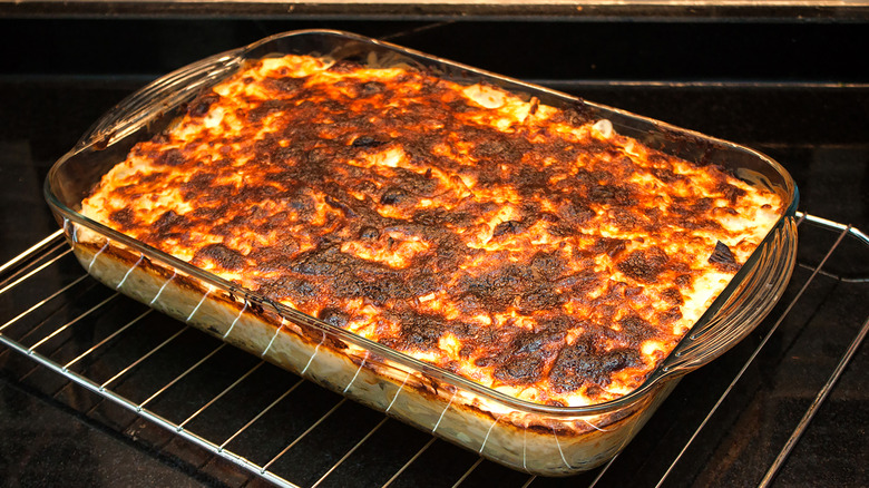 Glass dish in oven