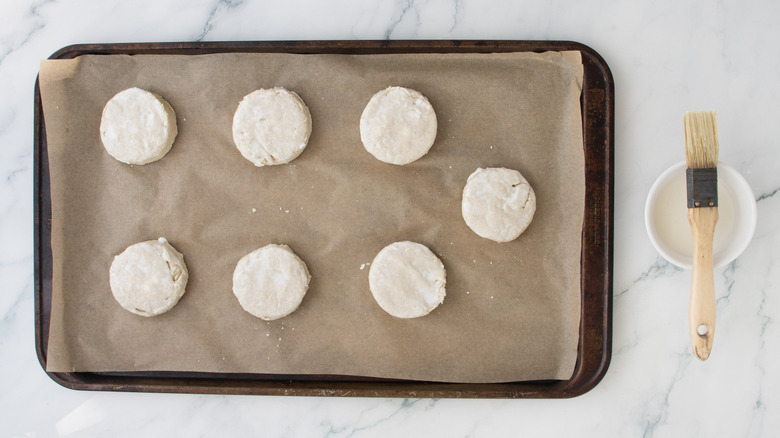 A large, parchment-lined baking sheet with raw biscuits brushed with milk