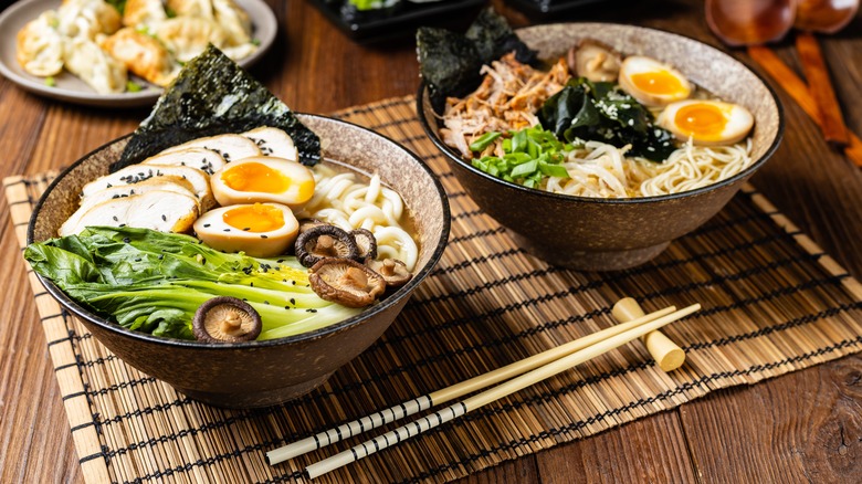 Bowls of ramen with soy-marinated eggs
