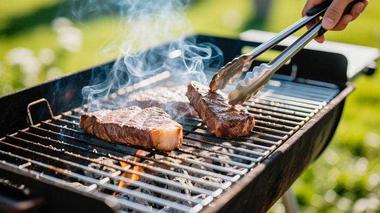 person with tongs cooking steaks on the grill outside.