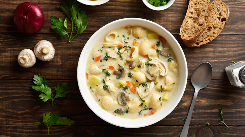 Overhead shot of creamy chicken and mushroom soup
