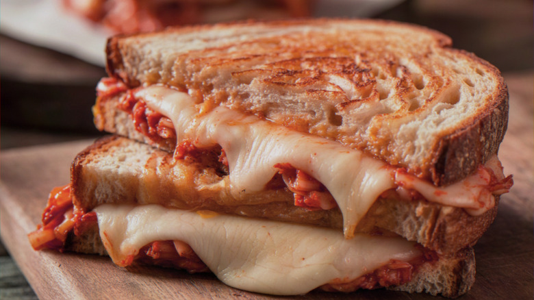 melty, golden kimchi grilled cheese on plate