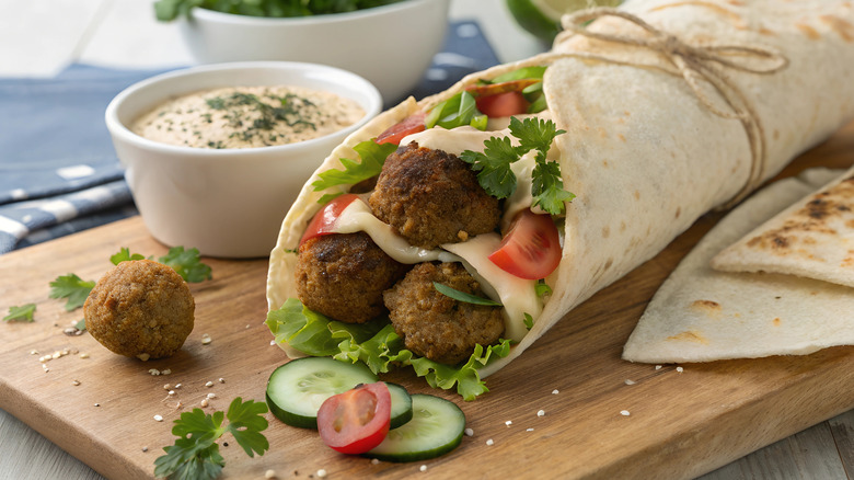 Falafel wrap filled with fresh vegetables and topped with tahini.
