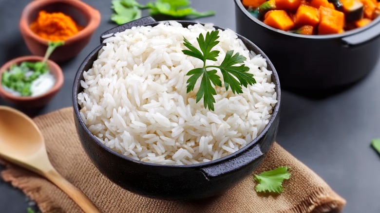 white rice in a black bowl