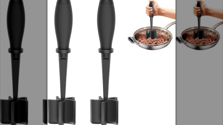 Two meat choppers and image of hand using one in pan with meat