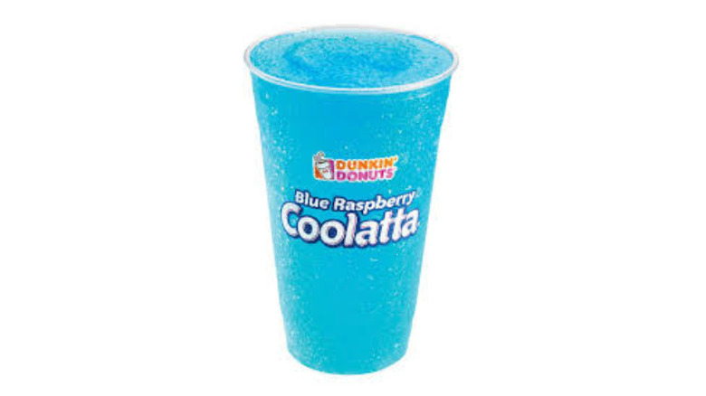 Plastic cup of Dunkin' Blue Raspberry Coolatta