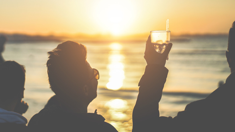 Silhouettes of people one beach, one person holding up beverage in glass