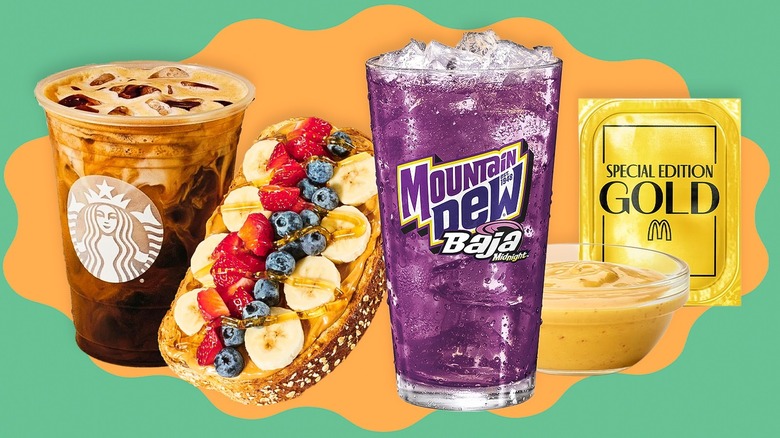 Composite image of fast food drinks and food on green and orange background.