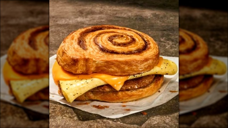 panera cinnascramble with egg, sausage, and cheese