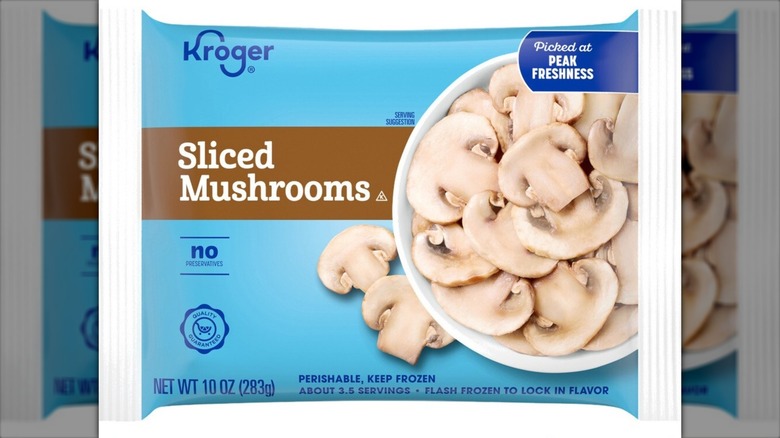 blue bag of frozen sliced mushrooms