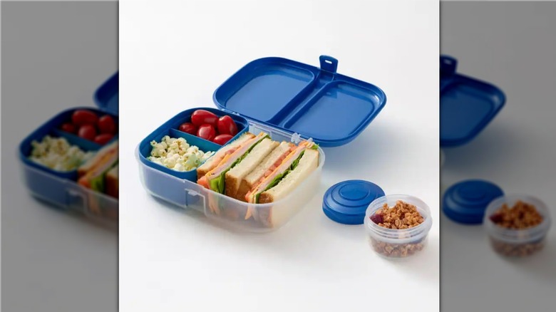 blue rubbermaid bento box with side container
