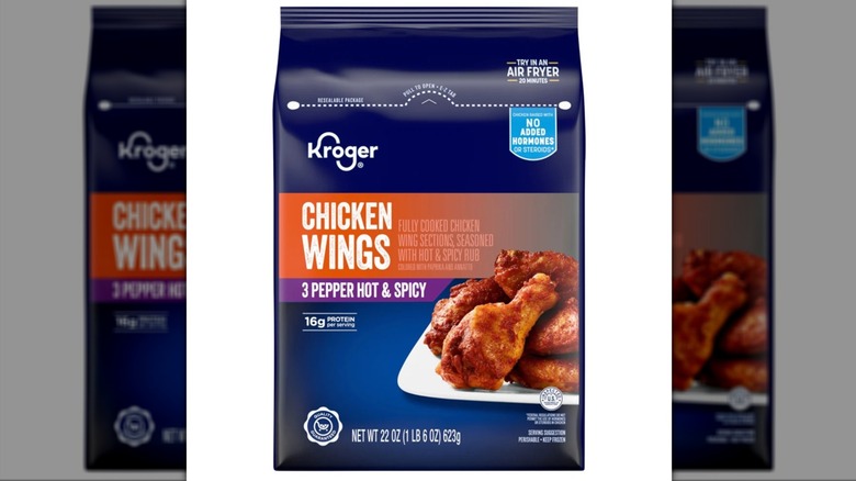 blue bag of three pepper chicken wings with bones