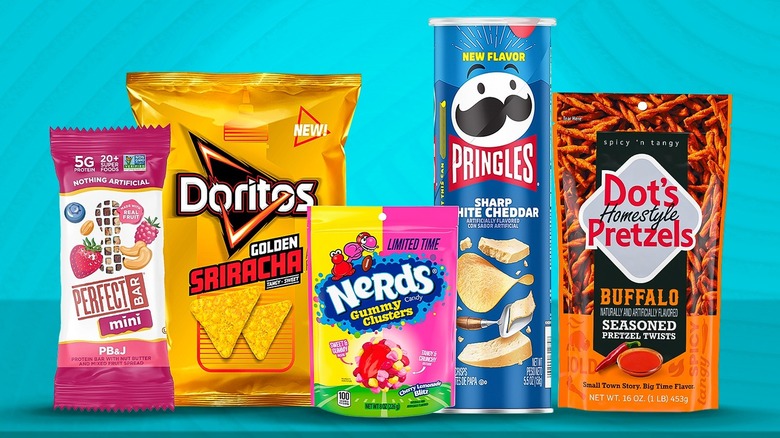 Composite image of snack packaging against textured blue background.