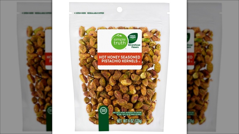 hot honey pistachio kernels in plastic bag