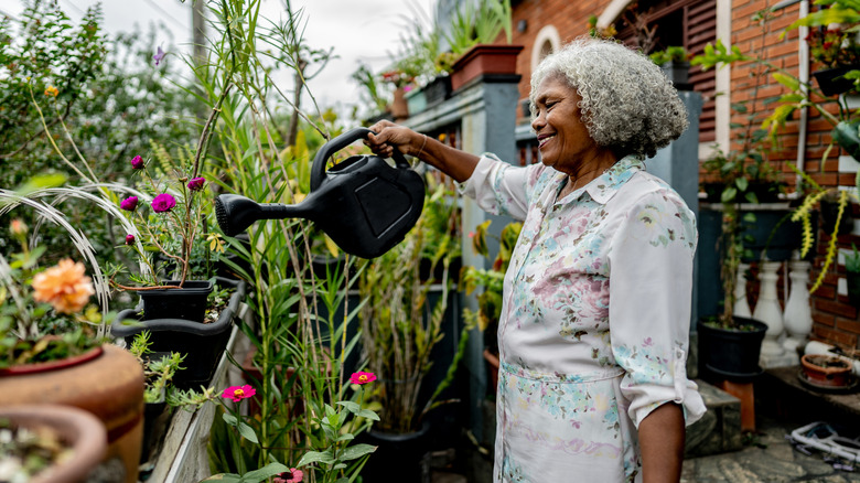 Woman watering plants in a small garden
