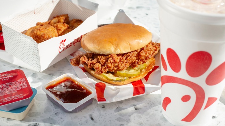 a quintessential chick-fil-a meal with chicken sandwich and nuggets
