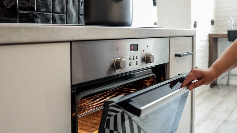 hand opens an oven with light on