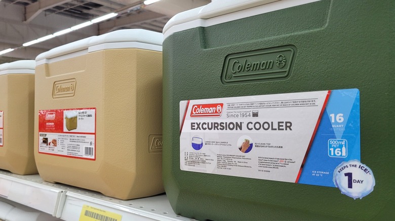 coolers on a shelf