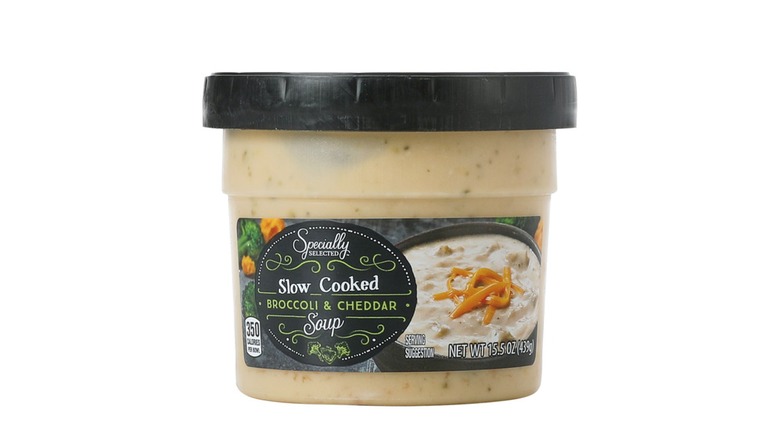 specially selected broccoli cheddar soup in container