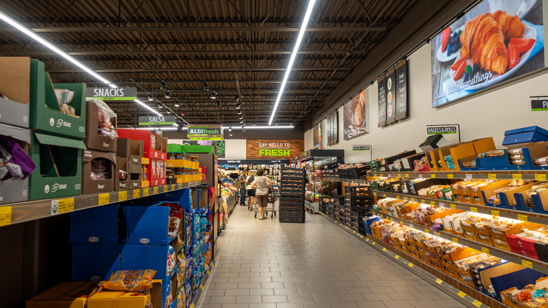 Interior of Aldi aisle with bread and baking supplies