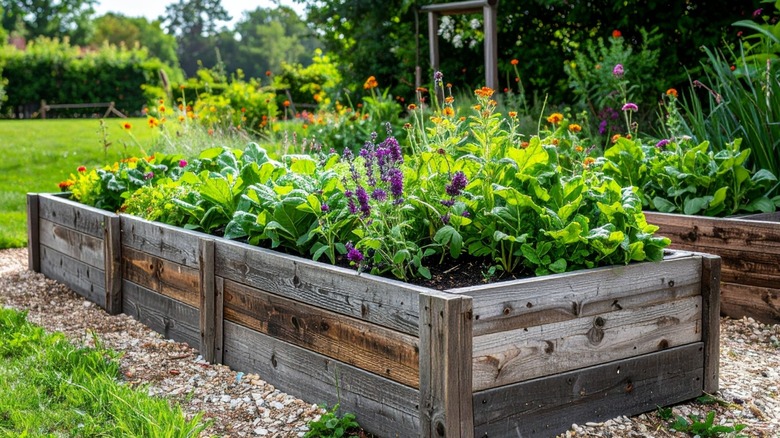 raised garden bed with herbs and flowers
