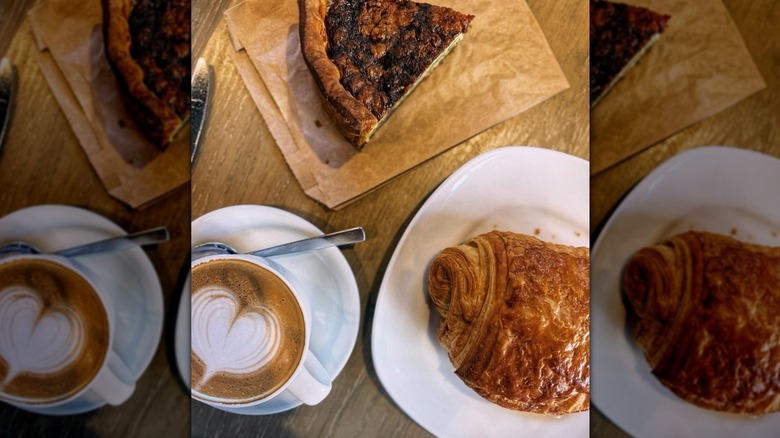 Overhead image of multiple long serving dishes with baked goods