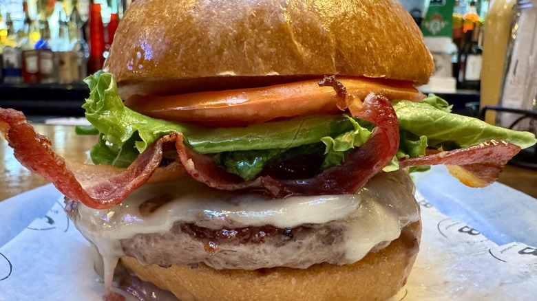 Close-up of a burger from Black Iron Burger in New York