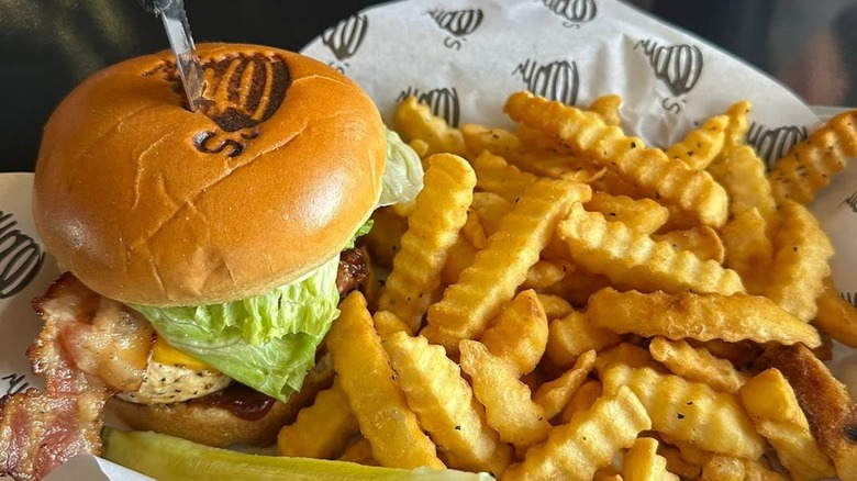 Burger and fries from Tornado's Pub & Grub in Iowa