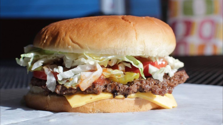 Close-up of a hamburger from Vicki's Lunch Van in Alabama