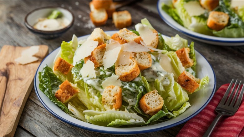 fresh caesar salad in bowl with croutons and parm