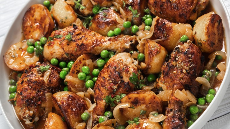 chicken vesuvio with potatoes, peas, and onions