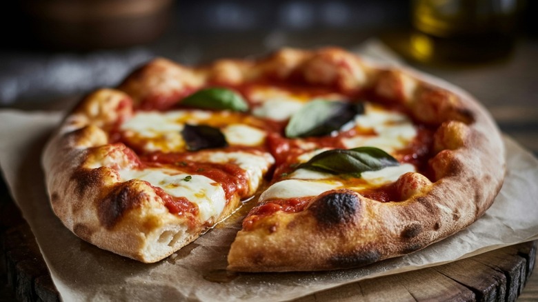 rustic margherita pizza on parchment atop cutting board