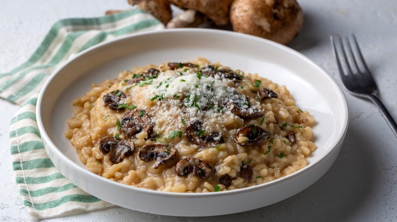 mixed mushroom risotto in a shallow bowl