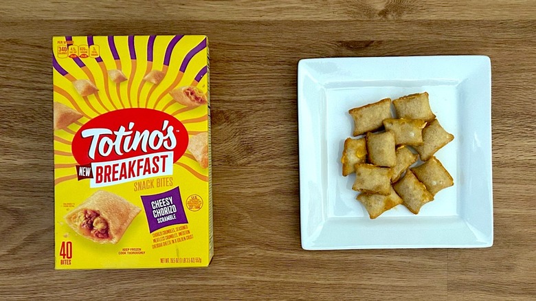 Package and cooked Totino's Breakfast Snack Bites Cheesy Chorizo Scramble on square white plate