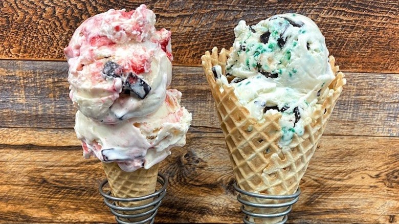 Two waffle cones from Ferris Acres Creamery in Connecticut