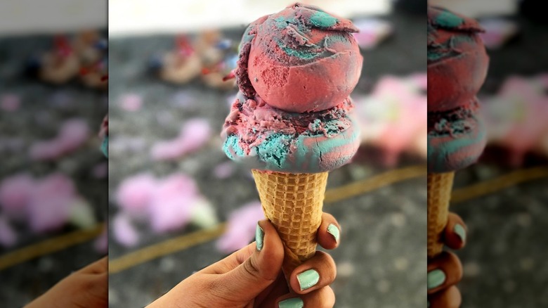 A cone from Rick's Rather Rich Ice Cream in California