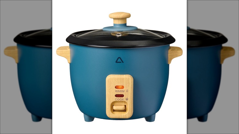 blue small rice cooker with lid