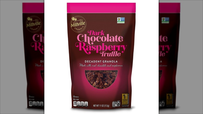 fancy chocolate granola in pink and brown package
