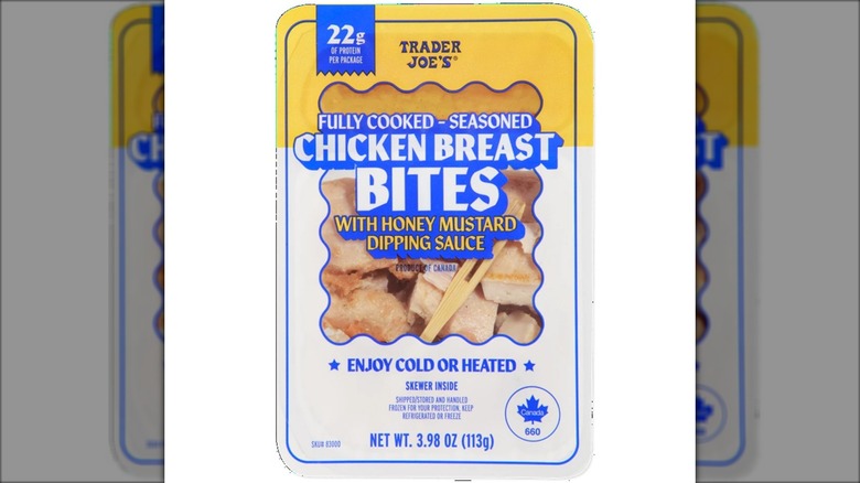plastic package of chicken bites with bamboo skewer
