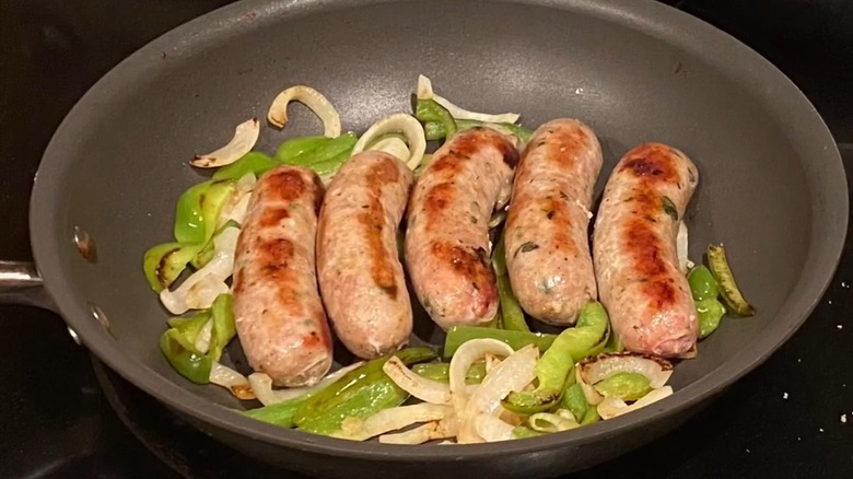 publix sausages in pan with peppers and onions