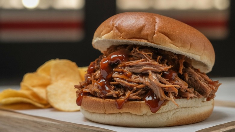 saucy pulled pork sandwich with potato chips