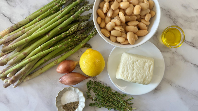 asparagus, butter beans, cheese, lemon, and shallots