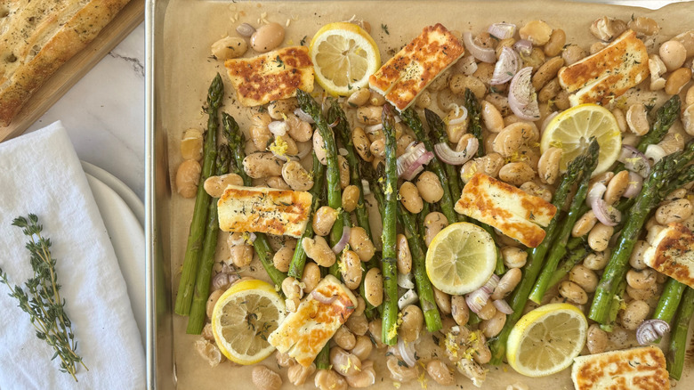 asparagus, beans, and cheese in a sheet pan