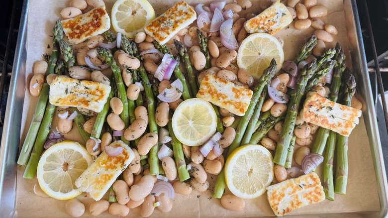 asparagus, beans, and cheese in a sheet pan