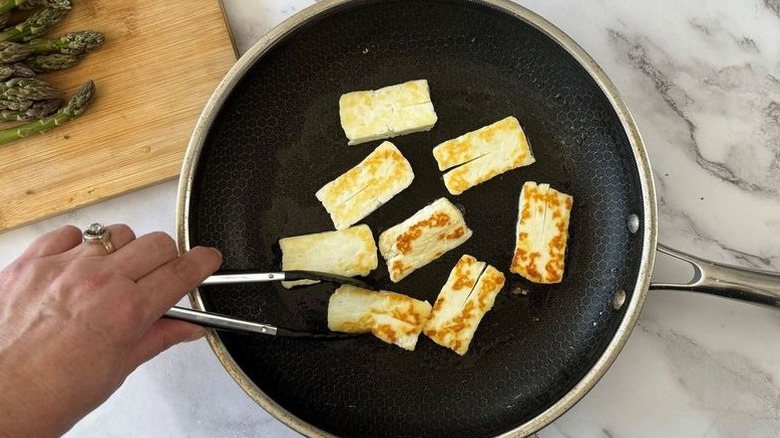 cheese rectangles in a frying pan