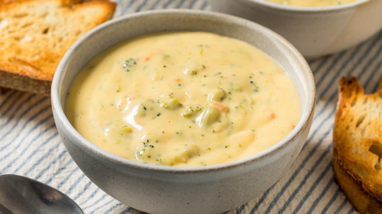 hearty cup of broccoli cheddar soup with toast