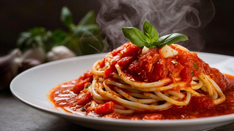 Close up pasta dish with tomato sauce steaming