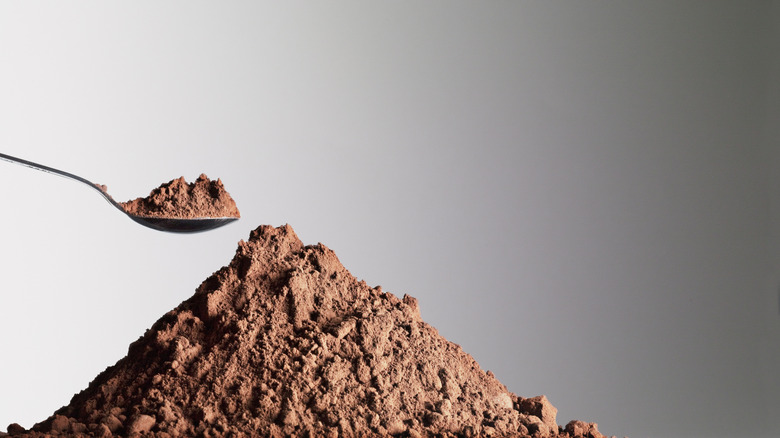 Heap of cocoa powder with a spoon