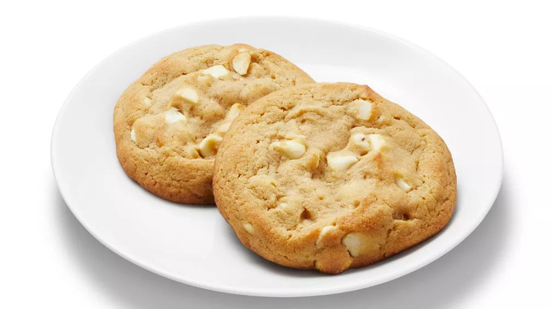 Two white chocolate chip macadamia nut cookies on white plate