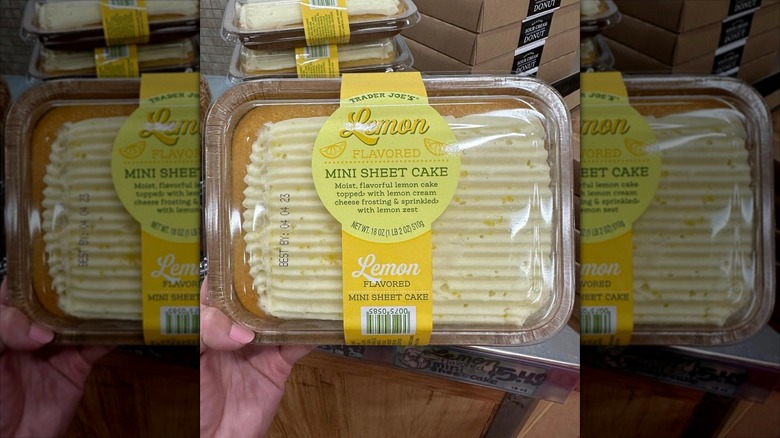 hand holds lemon sheet cake in trader joe's store